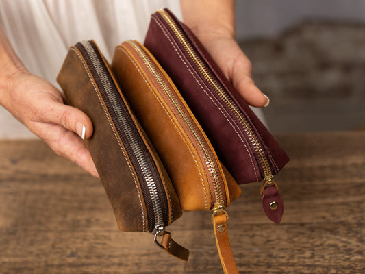 Slim Pencil Case, Leather Pen Case for Women, Custom Pen Box with Name, Christmas 2023 Gift, Leather Zipper Organizer, Crochet Hook Case