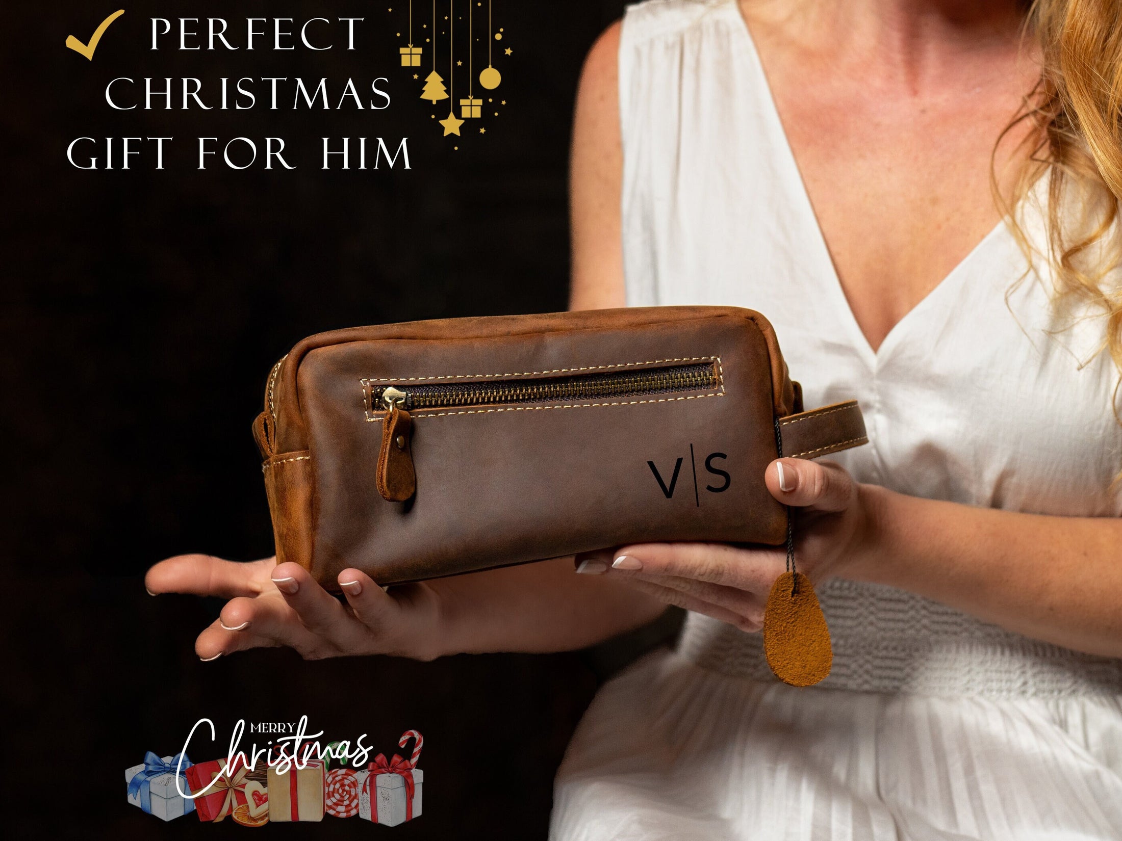 Custom Toiletry Bag with Liner and zipper, Personalized Leather Dopp Kit for Men, Travel Shaving Bag for Dad, Christmas Gift for Men