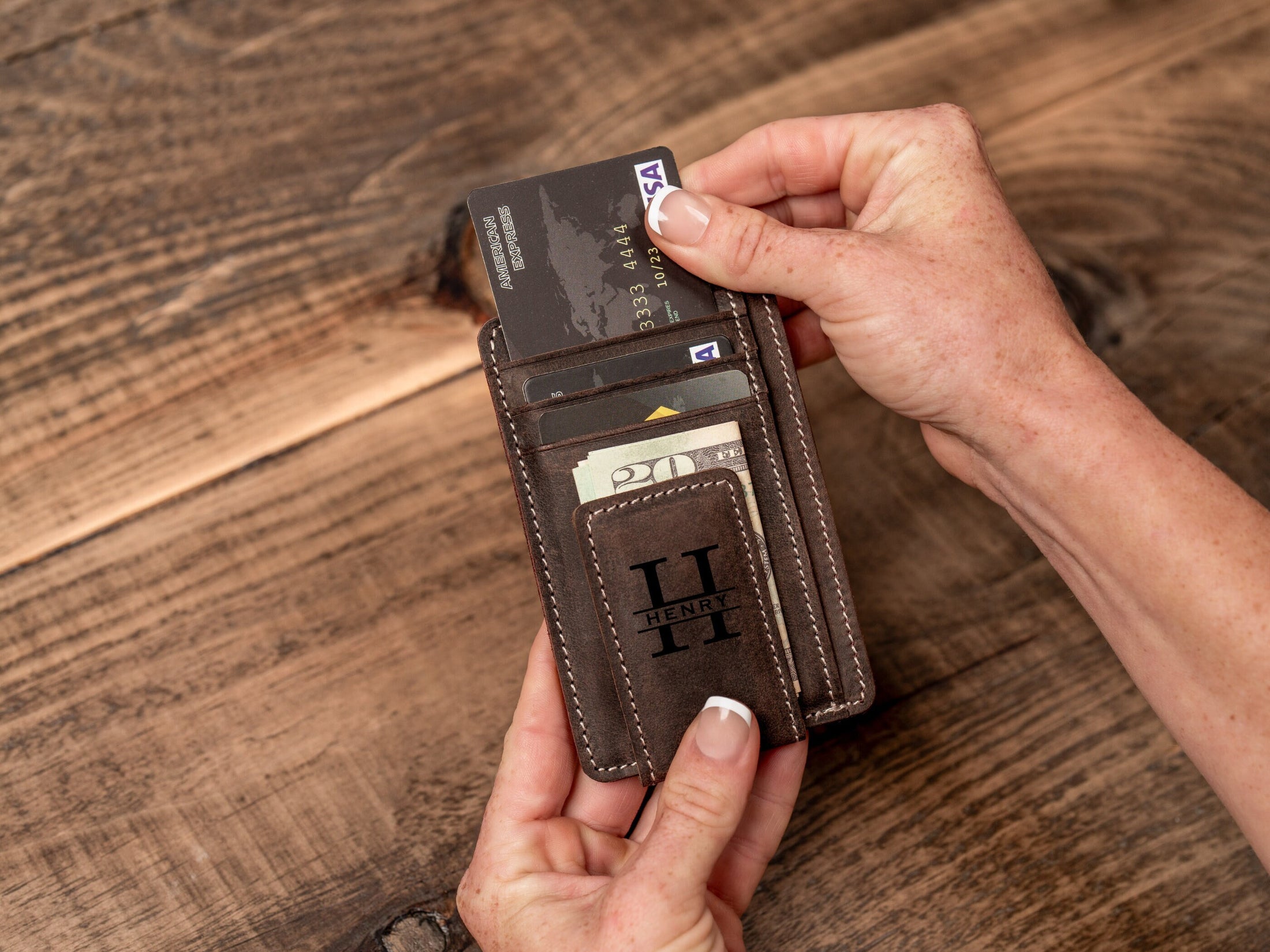 Personalized Leather Magnetic Money Clip, Small Front Pocket Card Holder, Christmas Gift for Him, Slim Wallet with Money Clip