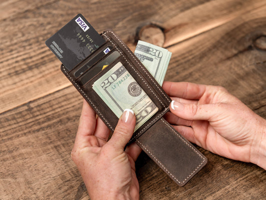 Personalized Leather Magnetic Money Clip, Small Front Pocket Card Holder, Christmas Gift for Him, Slim Wallet with Money Clip