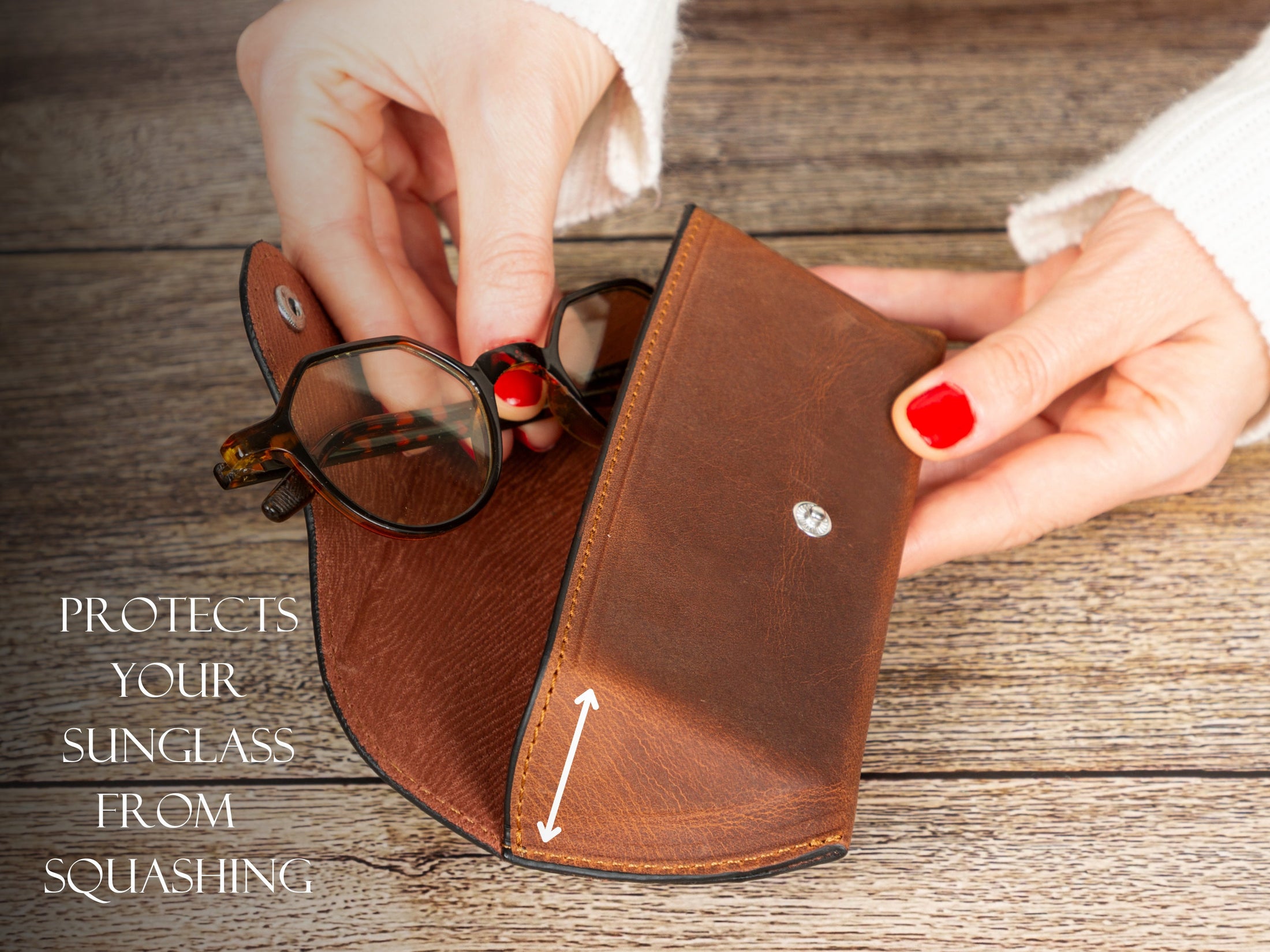 Leather Glasses Case with Snap Closure, Personalized Eyewear Protector, Full Grain Leather Sunglasses Sleeve