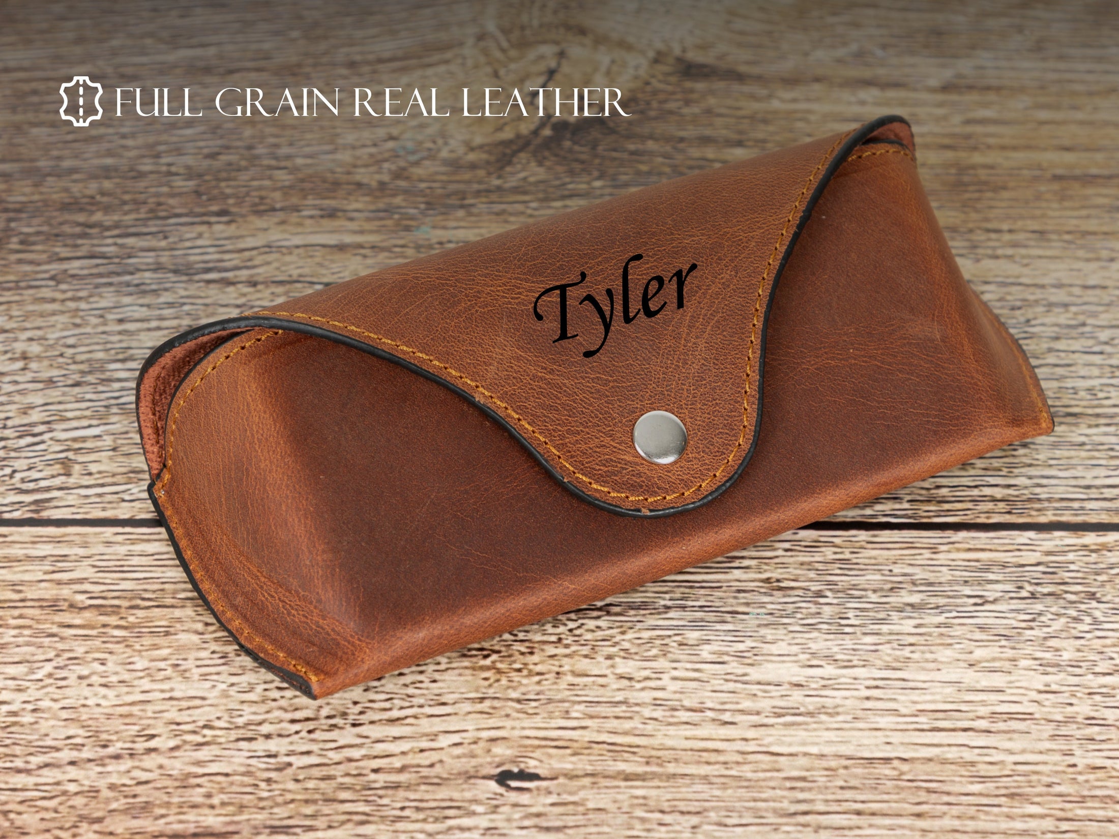 Leather Glasses Case with Snap Closure, Personalized Eyewear Protector, Full Grain Leather Sunglasses Sleeve